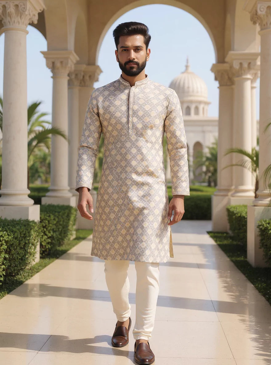 All Over Weaving with Zari Butta's Raw Silk Grey Kurta Pyjama