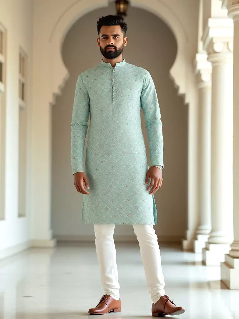 All Over Floral Weaving with Zari Butta's Raw Silk Kurta Pajama