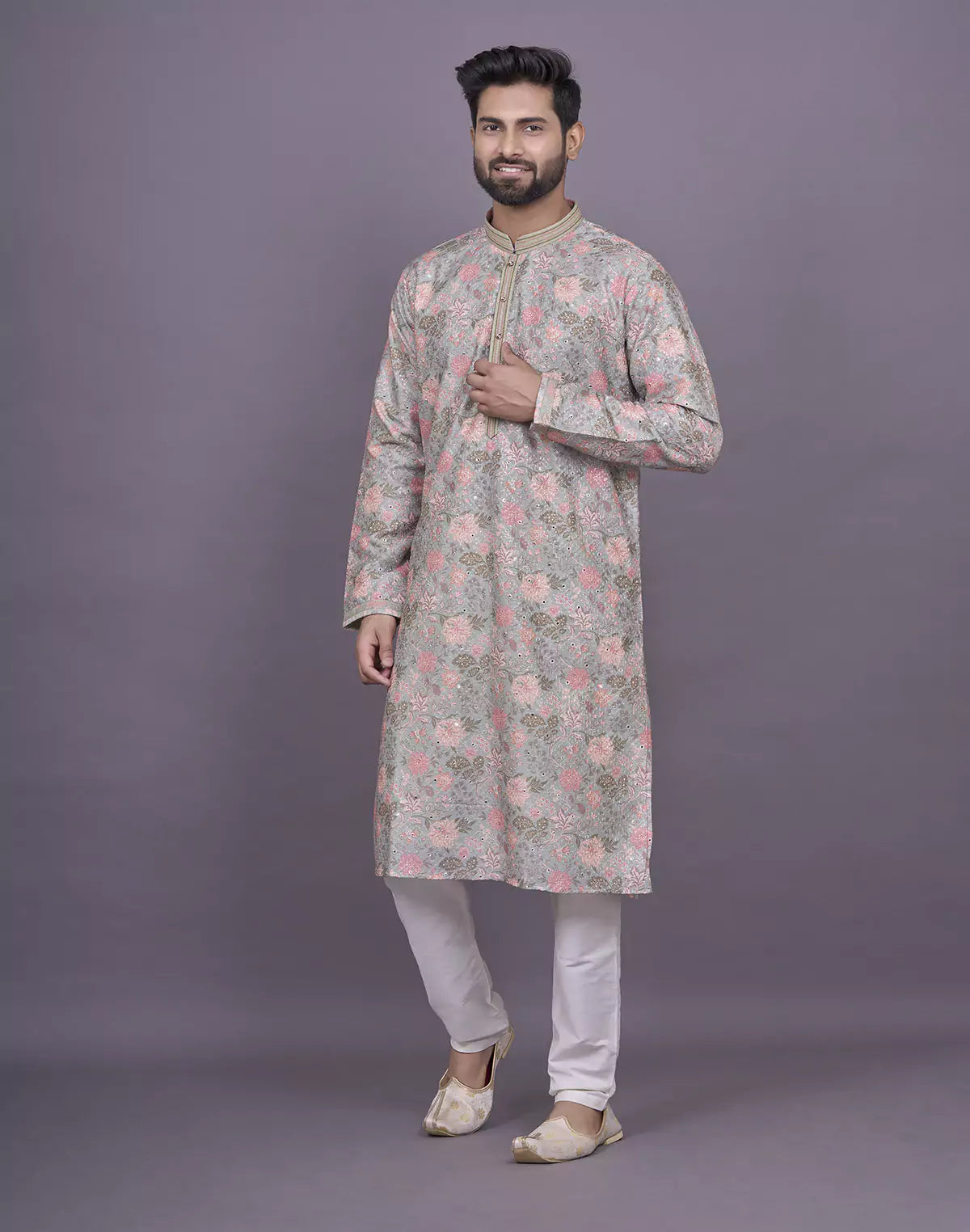 Graceful Floral Print Raw Silk Kurta Pyjama Set
