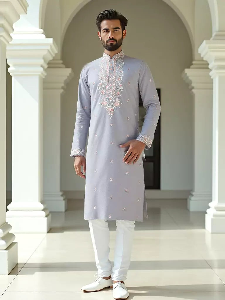 Floral Embroidered Giza Cotton White Kurta with Pyjamas