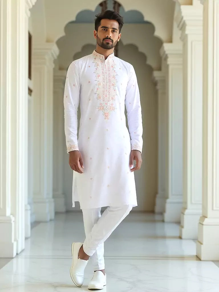 Floral Embroidered Giza Cotton White Kurta with Pyjamas
