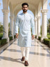 Sky Blue Floral Thread work Cotton Silk Kurta Pyjama Set