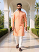 Cotton Silk Self Patterned Peach Kurta with Gold Pyjama