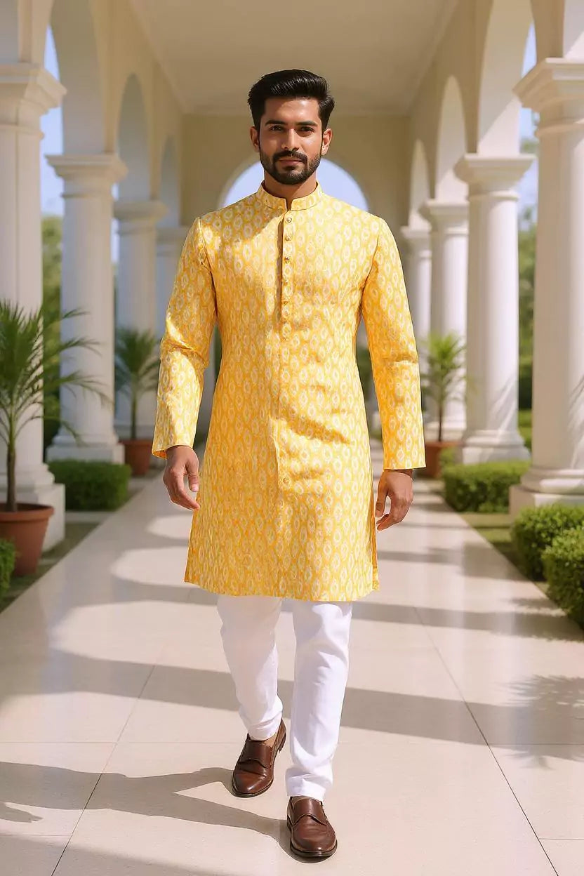 Yellow Trellis Patterned Cotton Printed Kurta Pyjama Set