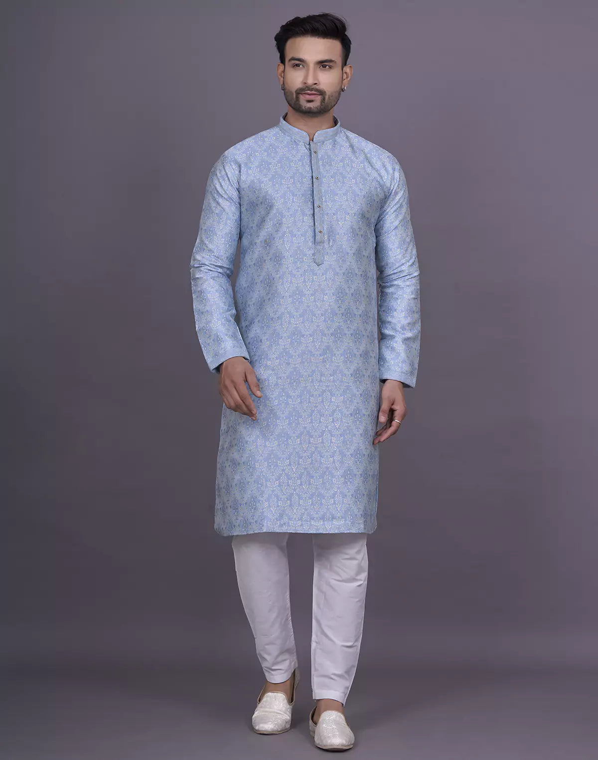 Sky All Over Floral Motifs Jacquard  Kurta Pyjama Set
