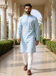 Sky Coloured Thread Embroidered Cotton Silk Kurta Pyjama Set