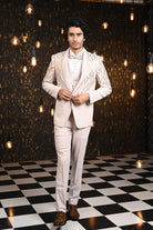 Cream Self Design Silver Cutdana Tuxido Suit